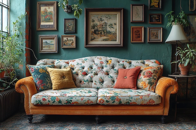 Photo a large floral couch with a variety of pillows and a lamp on a table