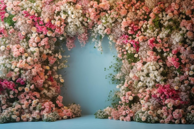 A large floral frame with a blue background and a frame of flowers.