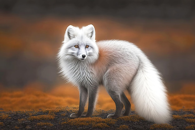 Large fluffy arctic fox with beautiful orange tail