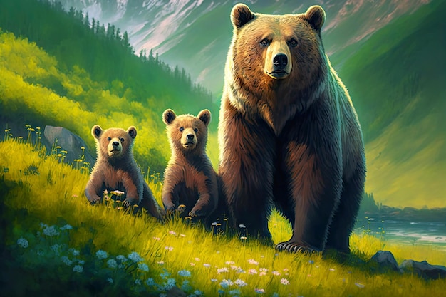 Large fluffy bear with cubs on green slope created with generative ai