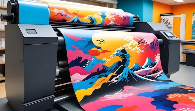 Large format printer printing a colorful abstract design on a roll of paper with vibrant ink splash