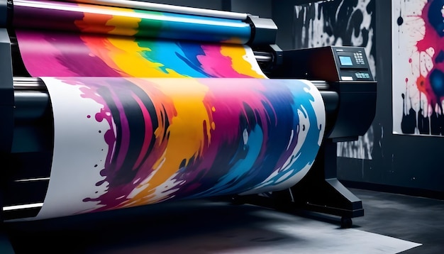 Large format printer printing a colorful abstract design on a roll of paper with vibrant ink splash