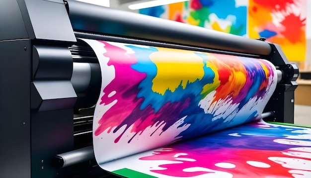 Large format printer printing a colorful abstract design on a roll of paper with vibrant ink splash