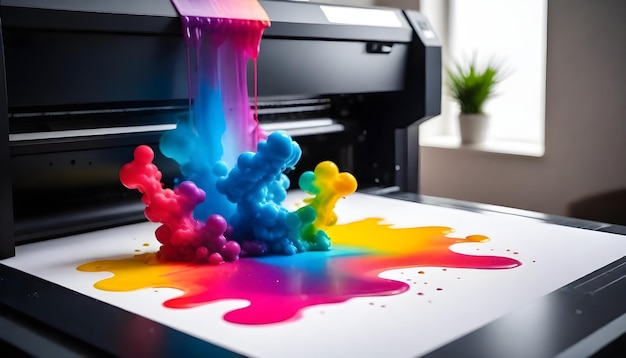 Large format printer producing a vibrant color spectrum print with ink droplets visible in midair