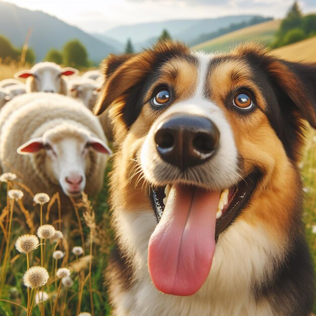 A large friendly dog with his tongue sticking out is guarding the sheep in the meadow