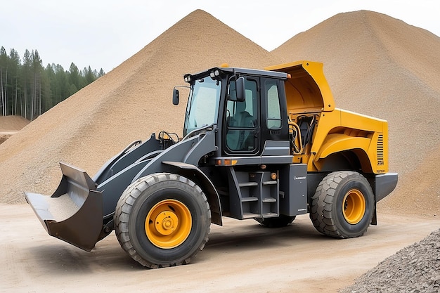 A large front loader transports crushed stone or gravel in a bucket at a construction site