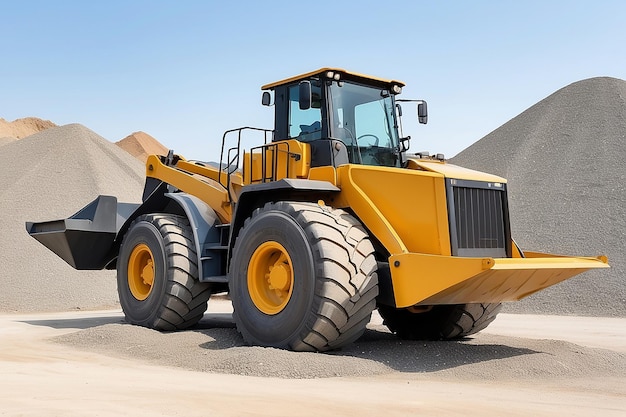 A large front loader transports crushed stone or gravel in a bucket at a construction site