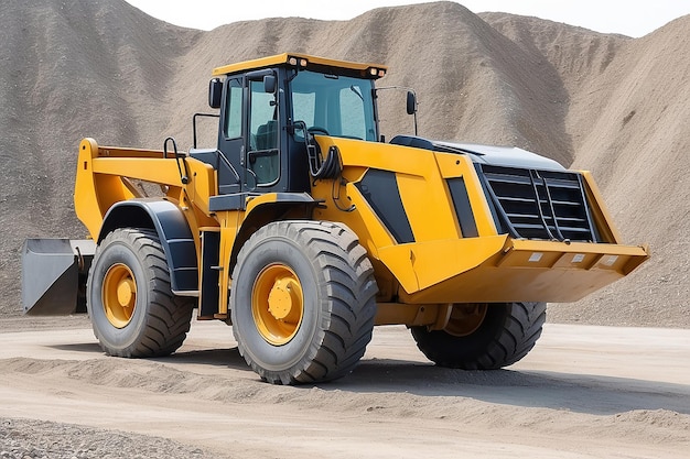 A large front loader transports crushed stone or gravel in a bucket at a construction site