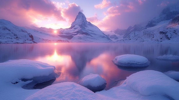 large frozen chunks of icebergs floating in a winter lake In front of Matterhorn mountain