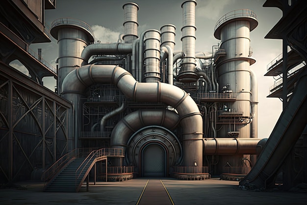 Large futuristic factory with pipes and catwalks industrial modern