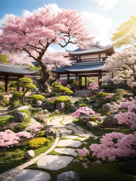 Large garden of a house Asian garden Cherry blossom