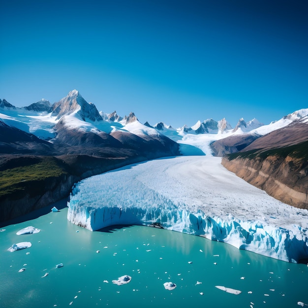 A large glacier is in the middle of a mountain.