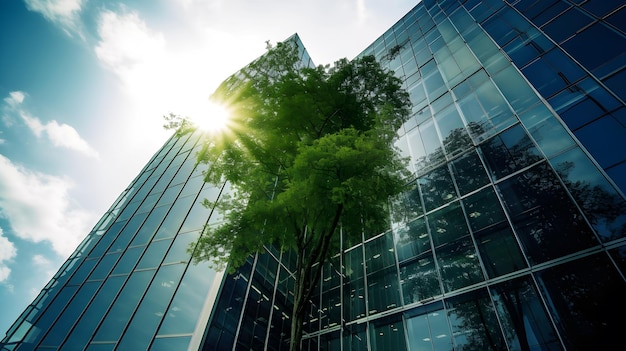 A large glass building with a tree in front of it