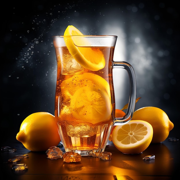 A large glass mug of lemons and ice with a black background.