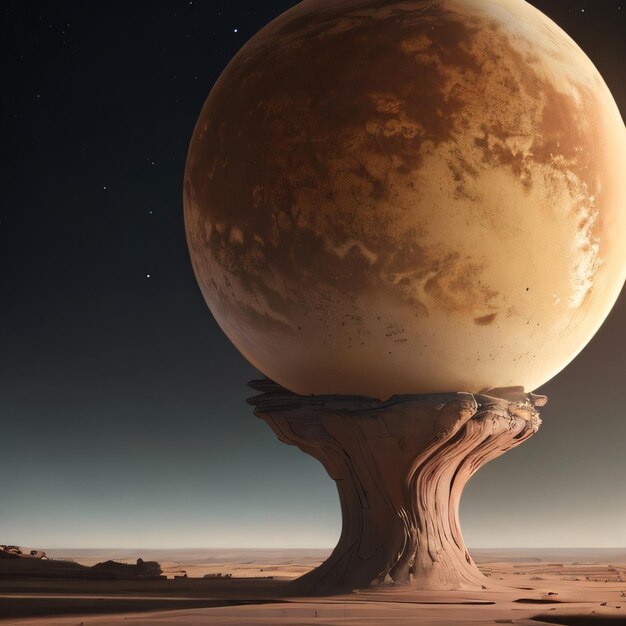 A large globe on top of a rock with the moon in the background.