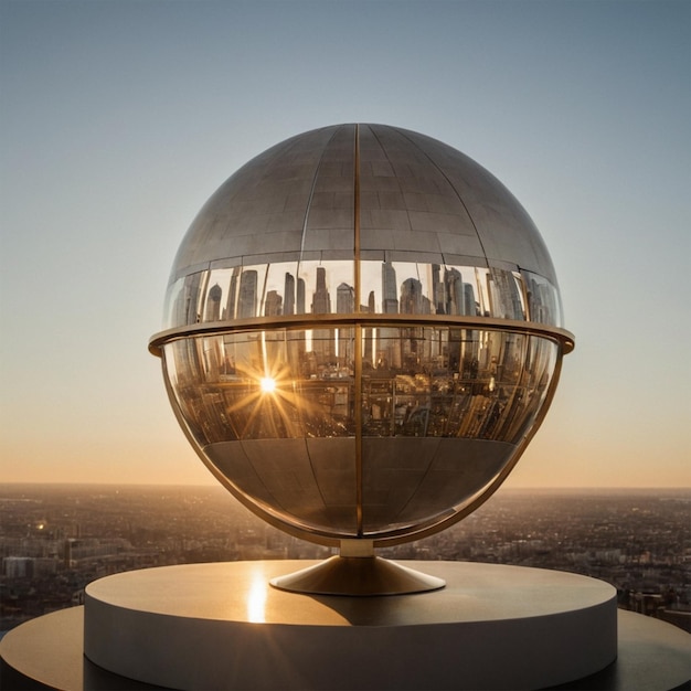 Photo a large globe with the sun setting behind it