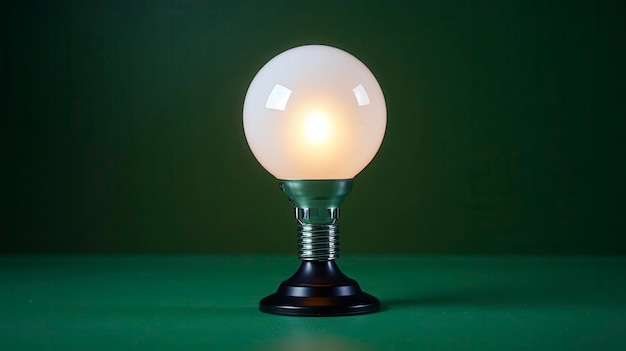 Photo a large glowing light bulb sits on a wooden base