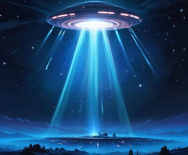 Photo a large glowing ufo hovering over the background with a circular platform in the foreground