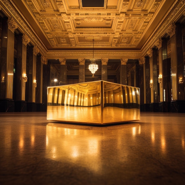 Photo a large gold box in a large hall with the words  the word  on the bottom