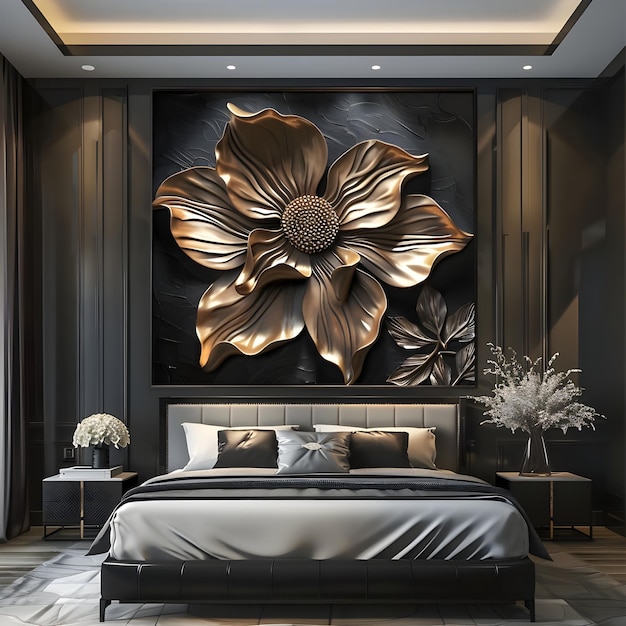 Large gold flower is on a black wall behind a bed ai generator