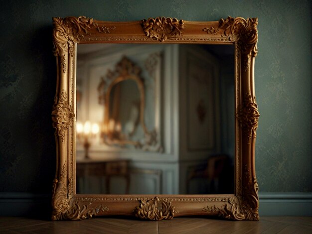 a large gold framed mirror is on a table