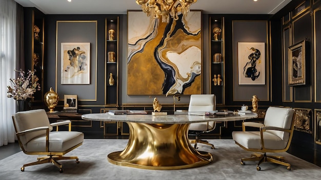 a large gold table with a gold chair and a large painting on the wall