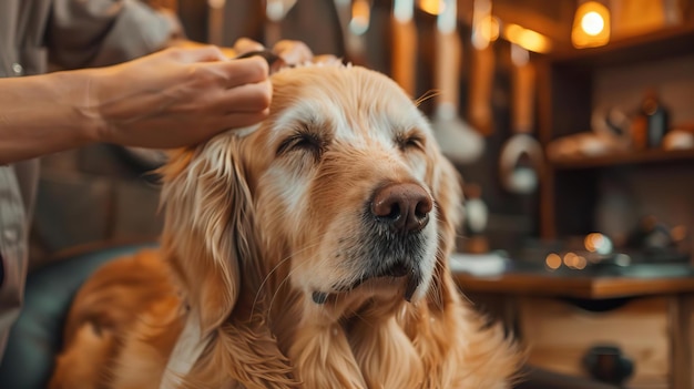 A large Golden Retriever being groomed