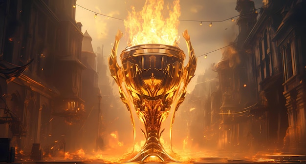 a large golden trophy with fire