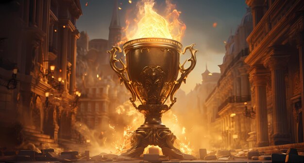 a large golden trophy with fire