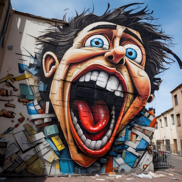 a large graffiti of a man with a big mouth is shown in a graffiti style painting.