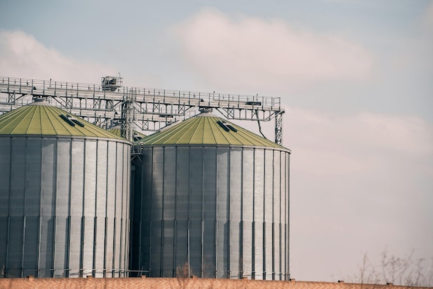 A large grain storage tank with a green roof sits in a field