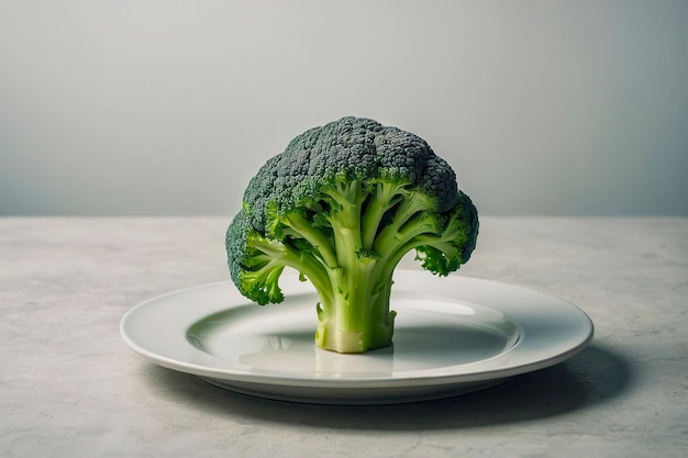 Large green broccoli lies on an empty white plate on a marble table healthy food and die