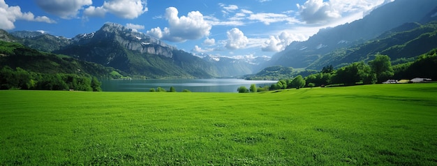 A large green field with a lake and mountains in the background