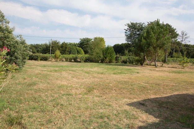 A large green garden with the shadow of the house