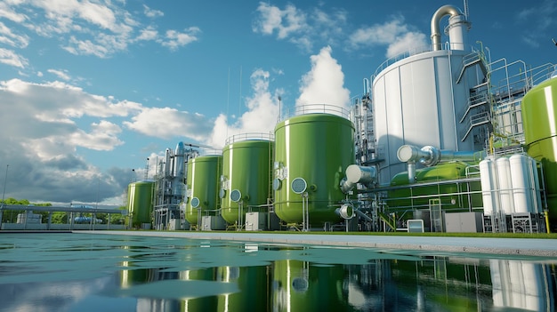 a large green industrial plant with a blue sky and clouds in the background