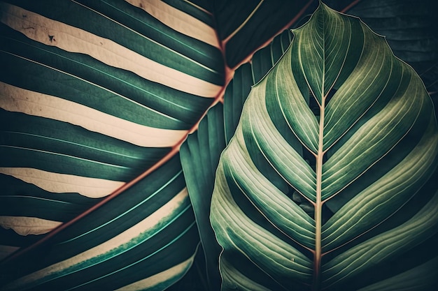 Large green leaf details an abstract striped background and a vintage tone