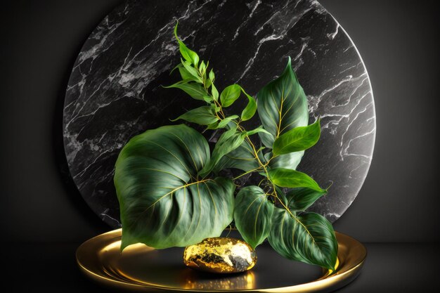 Large green leaf sitting on top of gold plate next to black marble wall Generative AI