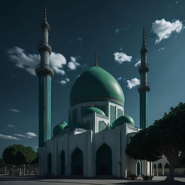 A large green mosque with a green dome and a white roof.