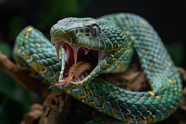 A large green snake with its mouth open on a branch