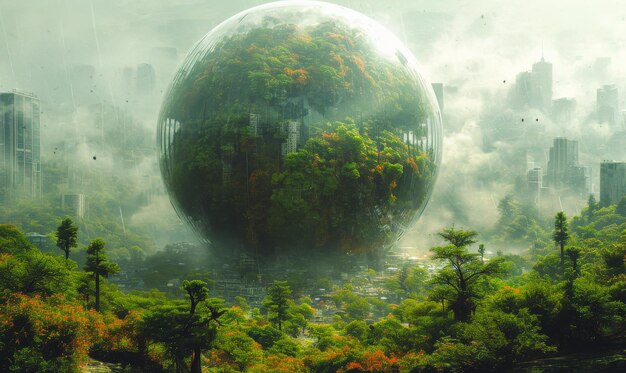 A large green sphere is surrounded by trees and buildings The sky is cloudy and the atmosphere is mysterious