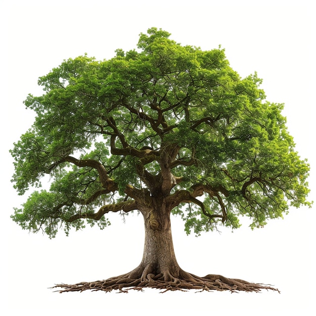 Large Green Tree With Exposed Roots Isolated On White Background