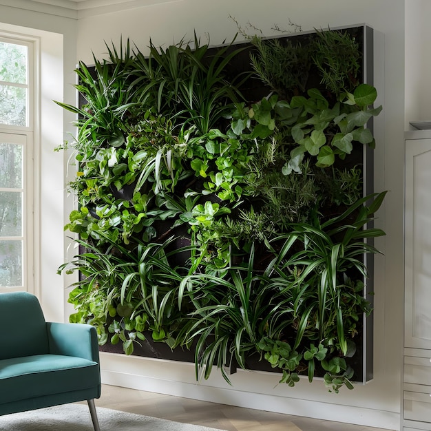 a large green wall with a plant growing on it