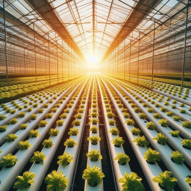 A large greenhouse filled with rows of hydroponic plants