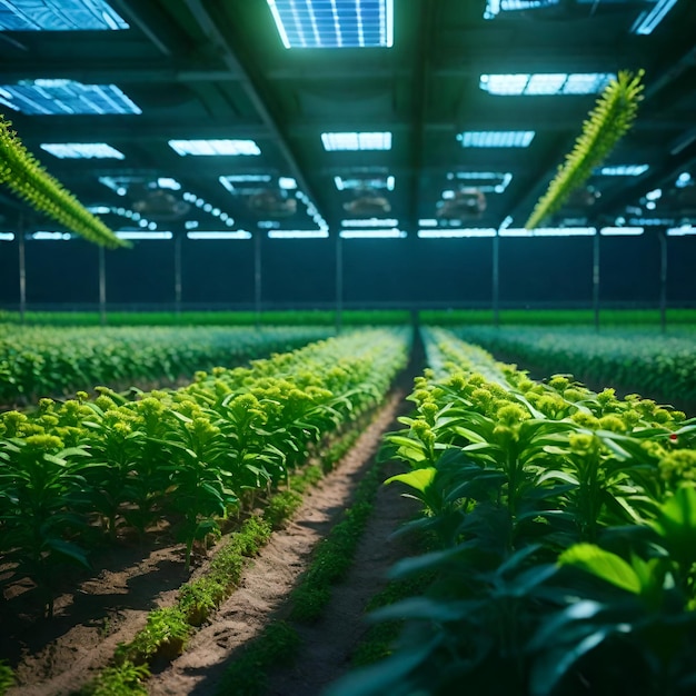 a large greenhouse with a row of plants in it