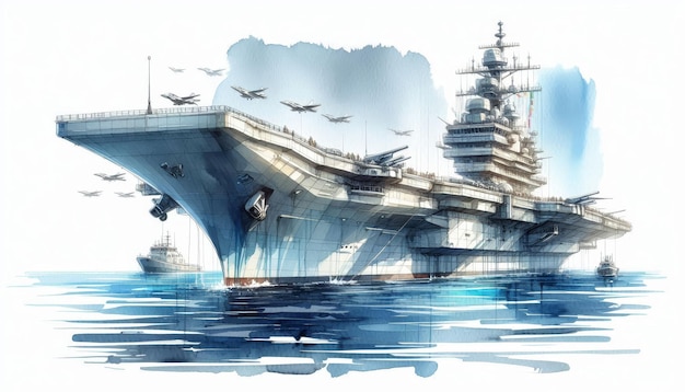 A large grey aircraft carrier sits on the water surrounded by a watercolor background Several fig