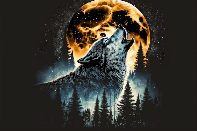 Large grey wolf head howling at moon in forest