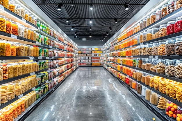 A large grocery store with many different types of food on the shelves