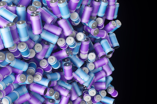 Large group of batteries on a black background. 3d render illustration.