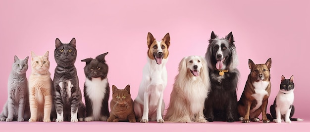 Large group of cats and dogs looking at the camera with pastel background copy space on left