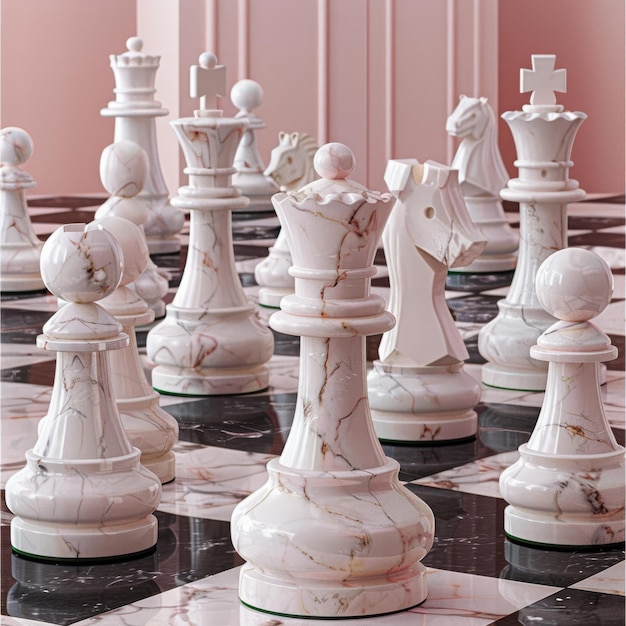 a large group of chess pieces are lined up on a tiled floor